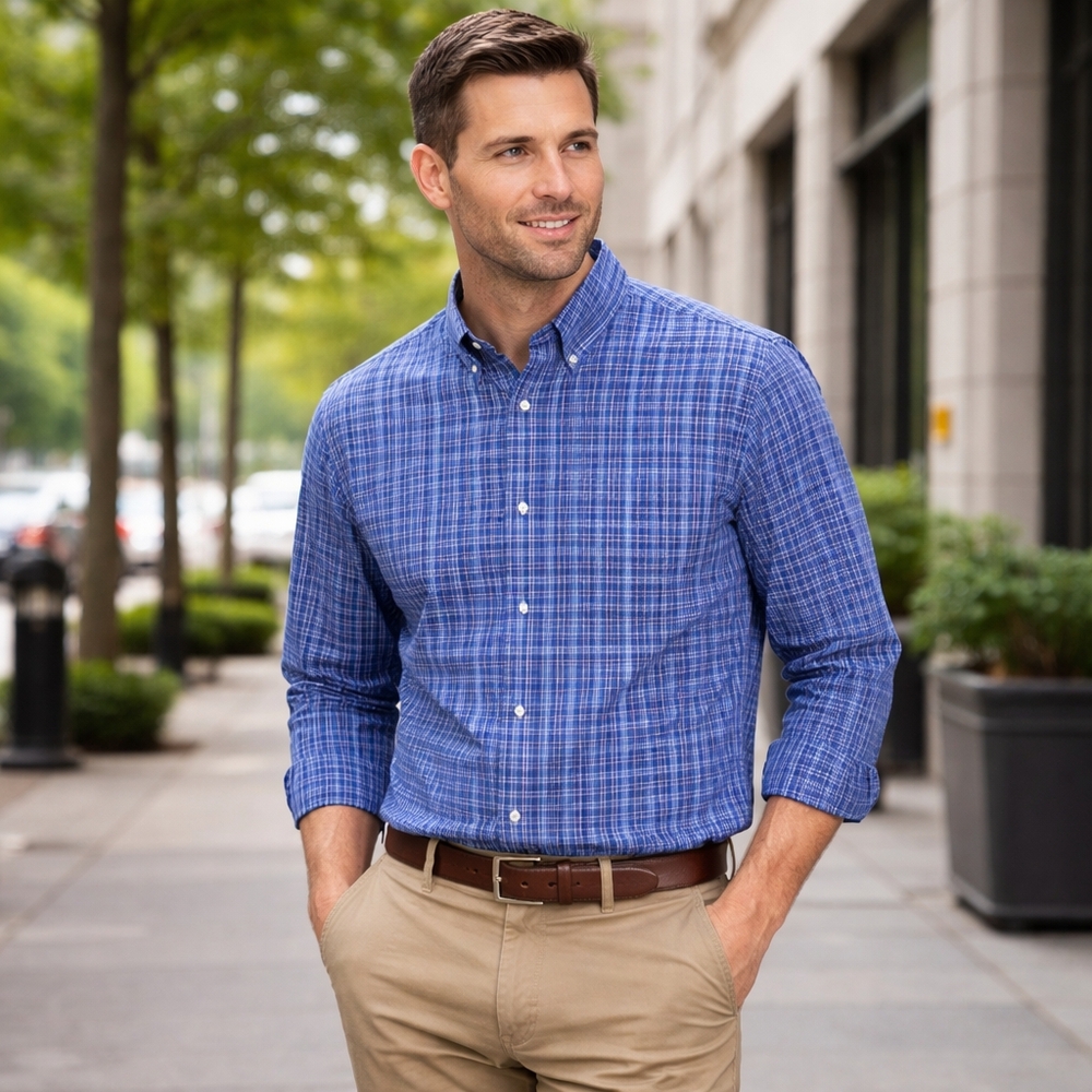 Chaps Easy Twill Blue Plaid Button Down Shirt Casual Classic Fit